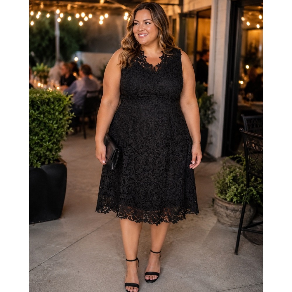 Jessica London Black Lace Midi Dress Plus Sz 20W Sleeveless LBD V-Neck Lined NWT - Picture 1 of 12